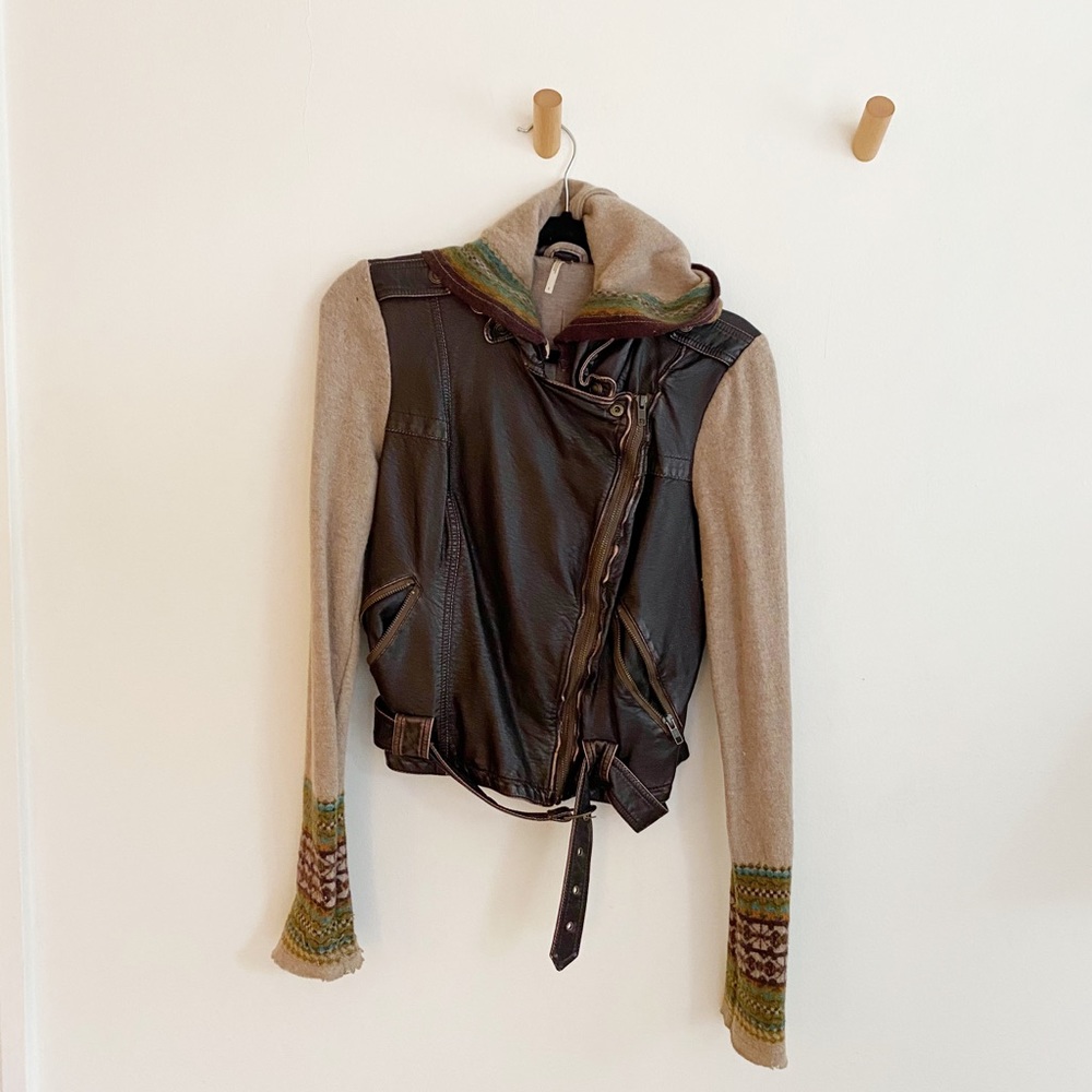 Free People Leather Jacket with Knit Arms + Hood